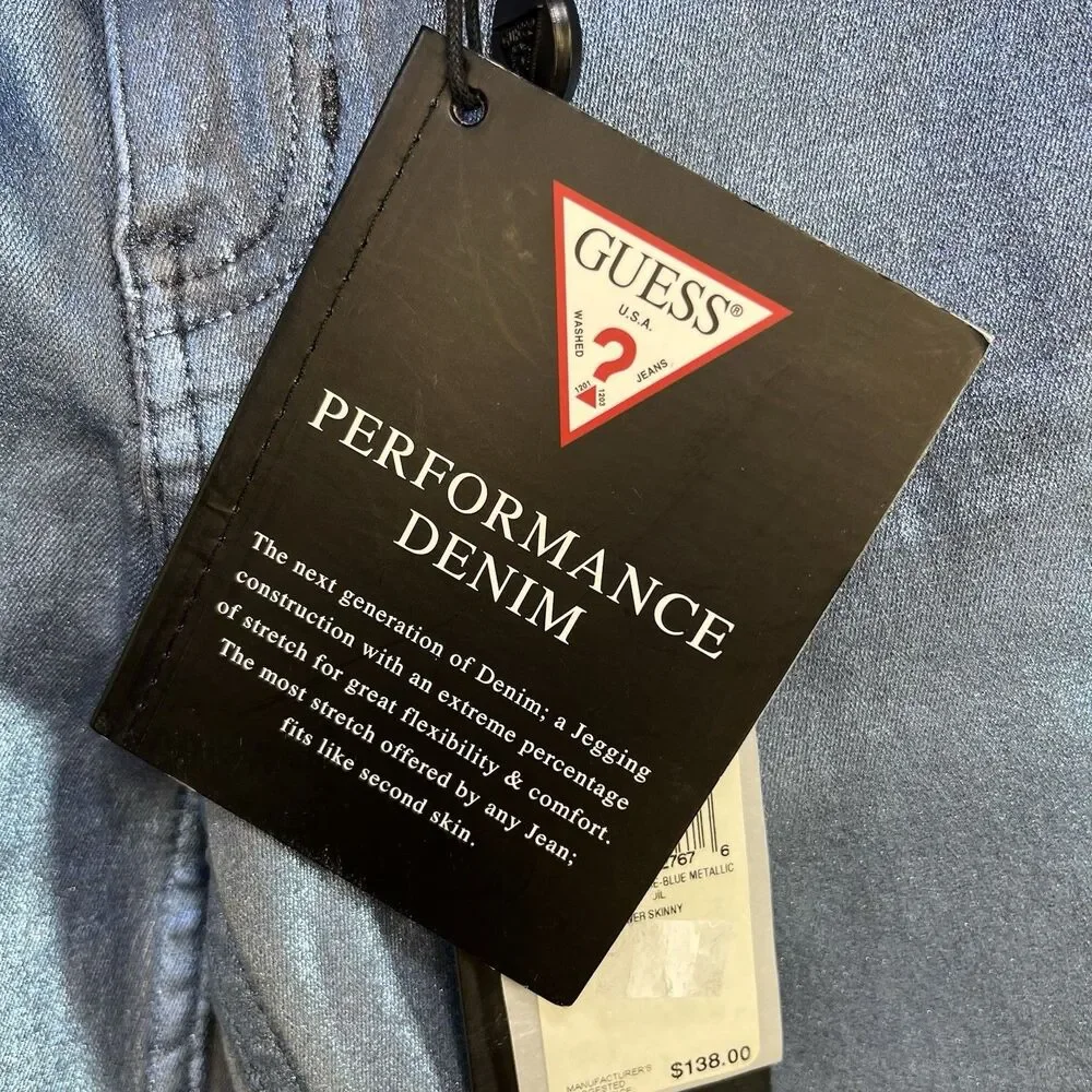GUESS JEANS Women's Power Skinny Metallic Ice Blue Retail $138 Tags Attached